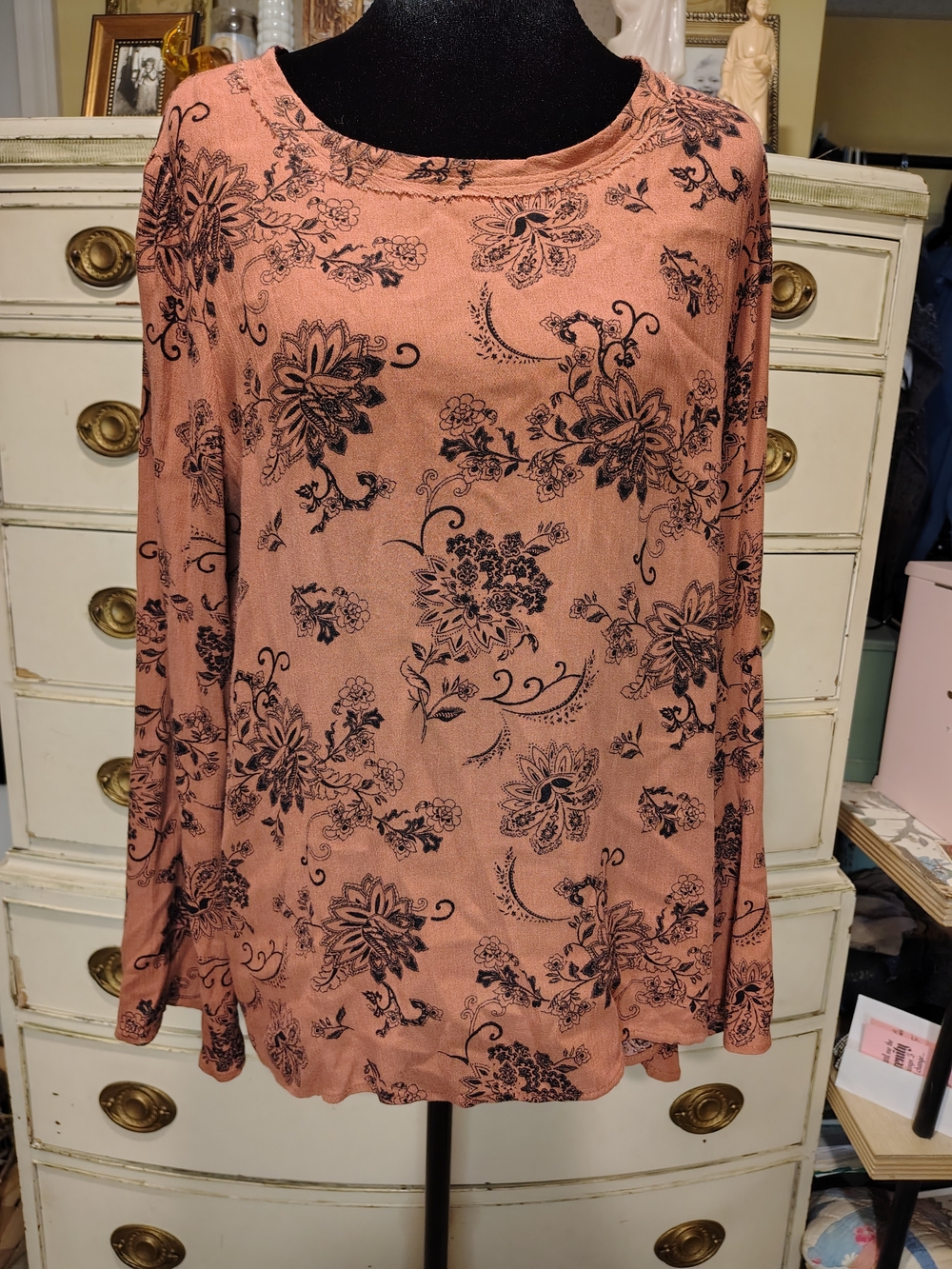 Hem & Thread Corset Backed Peach Long-Sleeve Floral Tee